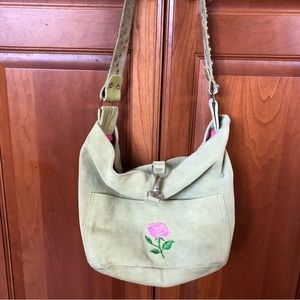 Deux Lux Mint Green Suede Stud & Crystal Boho Slouch Bag with Rose Embroidery